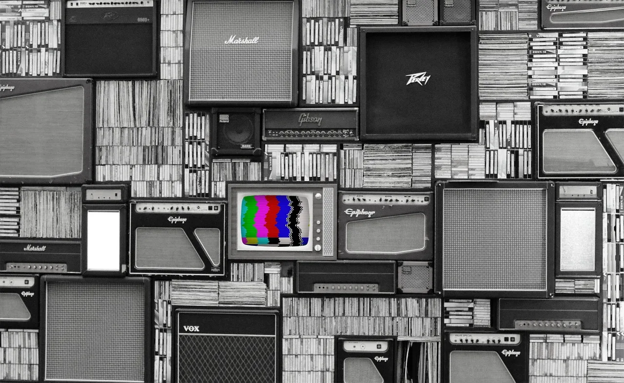 tv, wall, vintage, television, amp, amplifier, sound, media, multimedia, media wall, color bars, speakers, cds, record collection, black and white, gray wall, gray vintage, gray media, gray color, television, television, television, television, television