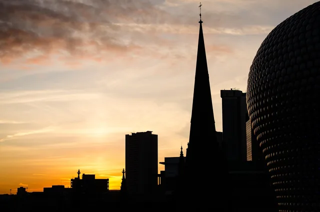 bull ring, sunset, birmingham, united kingdom, buildings, nature, city, urban, night, dusk, landmark, silhouette. Birmingham connected TV buying compared with Bristol and Newcastle