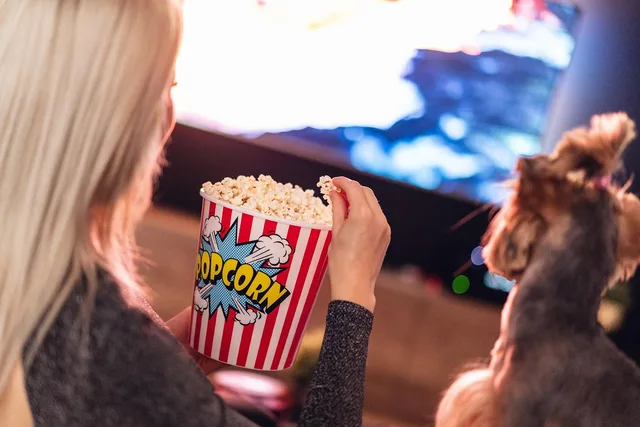 popcorn, girl, food, dog, eating, watching, woman, female, tv, animal, television, snack, entertainment, movie, pet, closeup. How to plan connected TV frequency capping in the UK